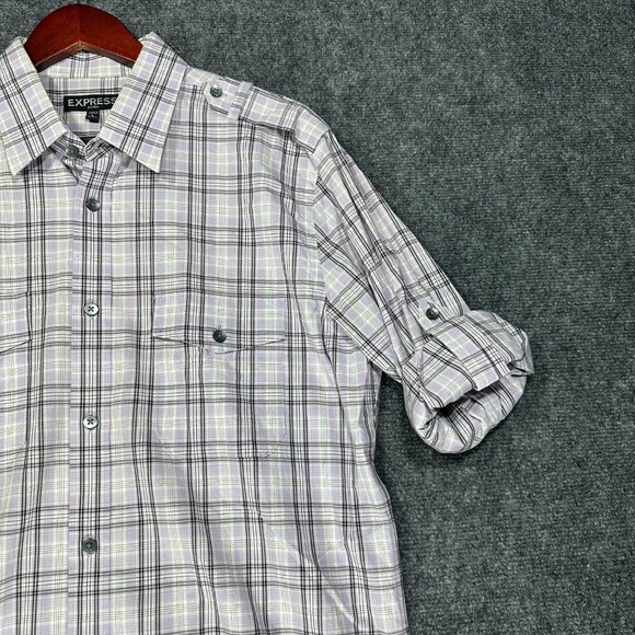 Express Shirt Mens Large Fitted Button Up Purple Stretch Plaid Roll Tab Sleeve - Picture 3 of 10
